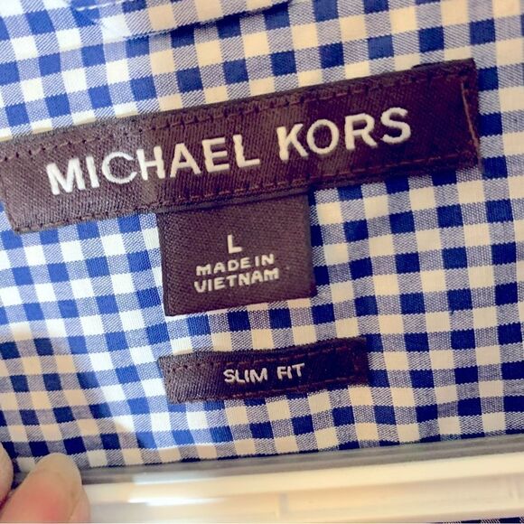 Michael Kors Slim Fit Blouse Blue White Check Collared & Fitted Sz Large - Picture 6 of 6